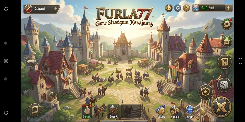 Screenshot FURLA77 menunjukkan aksi pertempuran strategis di kerajaan yang megah.