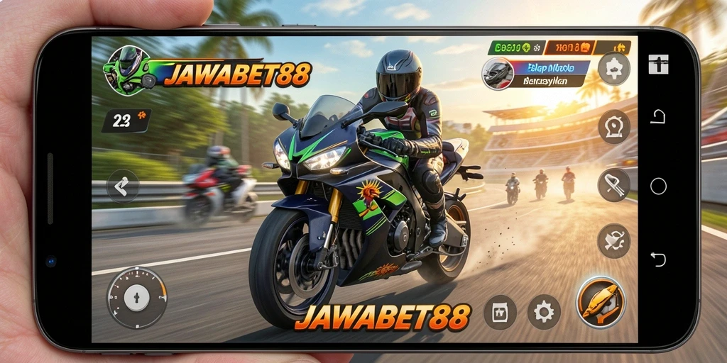Screenshot gameplay JAWABET88 dengan aksi balap motor yang mendebarkan.