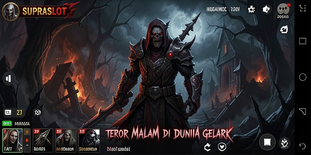 Tangkapan layar gameplay SUPRASLOT menampilkan adegan menyeramkan dalam kegelapan.